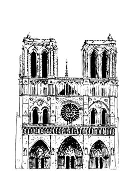 Notre Dame de Paris Katedrali, Paris sembolü. Fransız gezi... El çizim sketch vektör çizim. Turistik yer. Reklam, kartpostallar, parmak izi, tekstil kullanılabilir