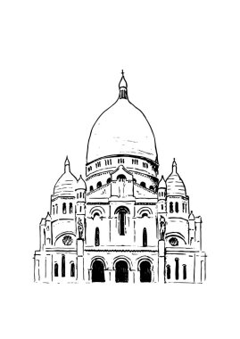 Basilique du Sacré Coeur, Montmartre Bazilikası. Paris sembolü. Basilica Sacred Heart. El çizim sketch vektör çizim. Turistik yer. Reklam, kartpostallar, parmak izi, tekstil kullanılabilir