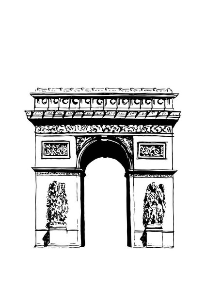 Arc de Triomphe, Paris France. Triumphal arch. Champs-Elysees, Place Charles de Gaulle. Hand drawing sketch vector illustration. Touristic place. Can be used at advertising, postcards, prints, textile