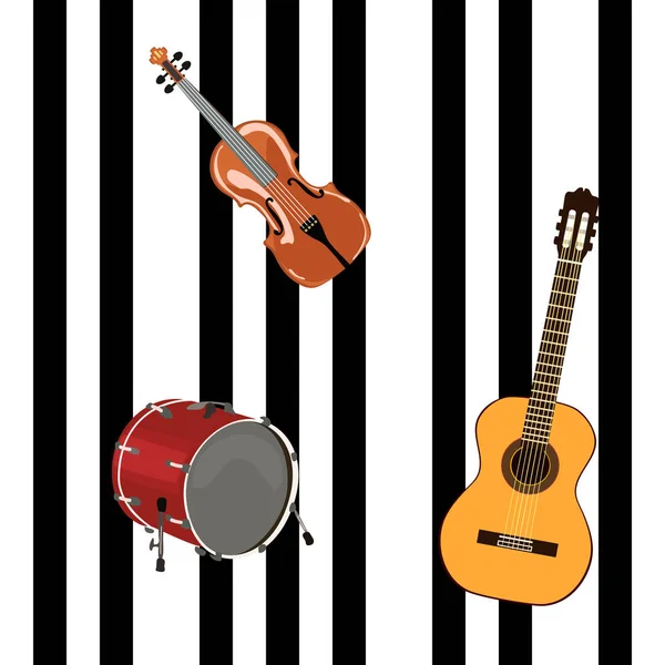 Cartel Escuela Música Instrumentos Musicales Teclas Negras Fondo Violín Guitarra — Vector de stock