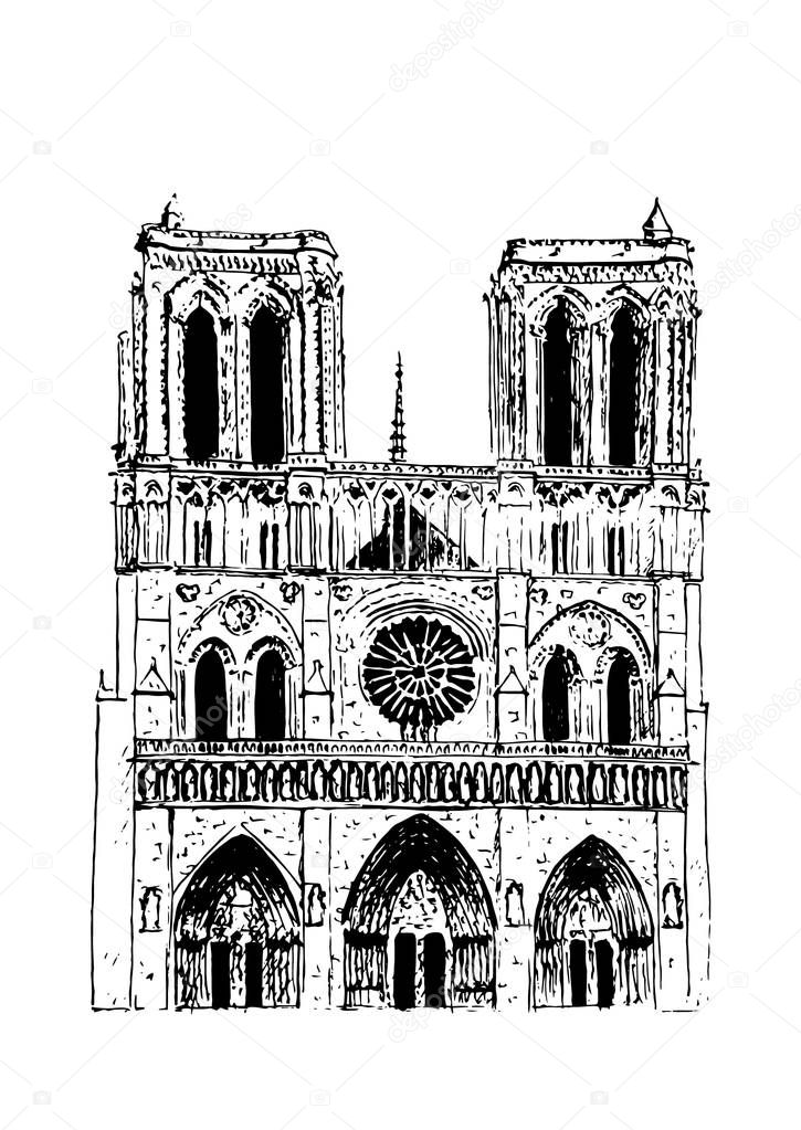 Notre Dame de Paris Cathedral, Paris symbol. French sightseeing.. Hand drawing sketch vector illustration. Touristic place. Can be used at advertising, postcards, prints, textile