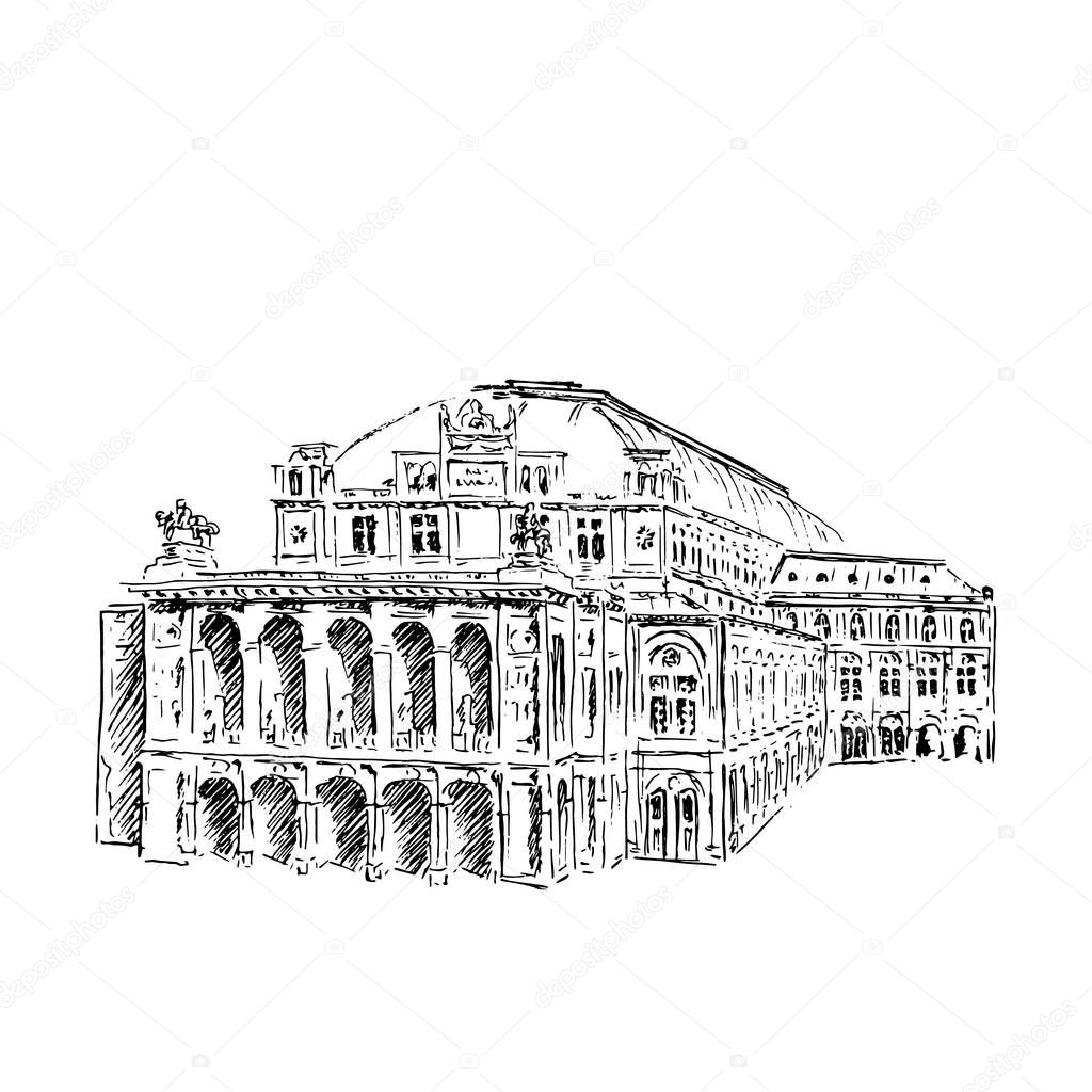 Vienna State Opera House, Austria. Wiener Staatsoper. Vector hand drawn sketch illustration.