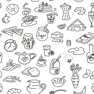 Sabah kahvaltı ayarla siyah vektör doodle. Yönetim Kurulu stili tebeşir. Ekmek, tereyağı, Aperatif, yiyecek, süt, tost, reçel, Mısır gevreği, kahve, yumurta, donut içki şeker çay yumurta menü Cafe restaurant için