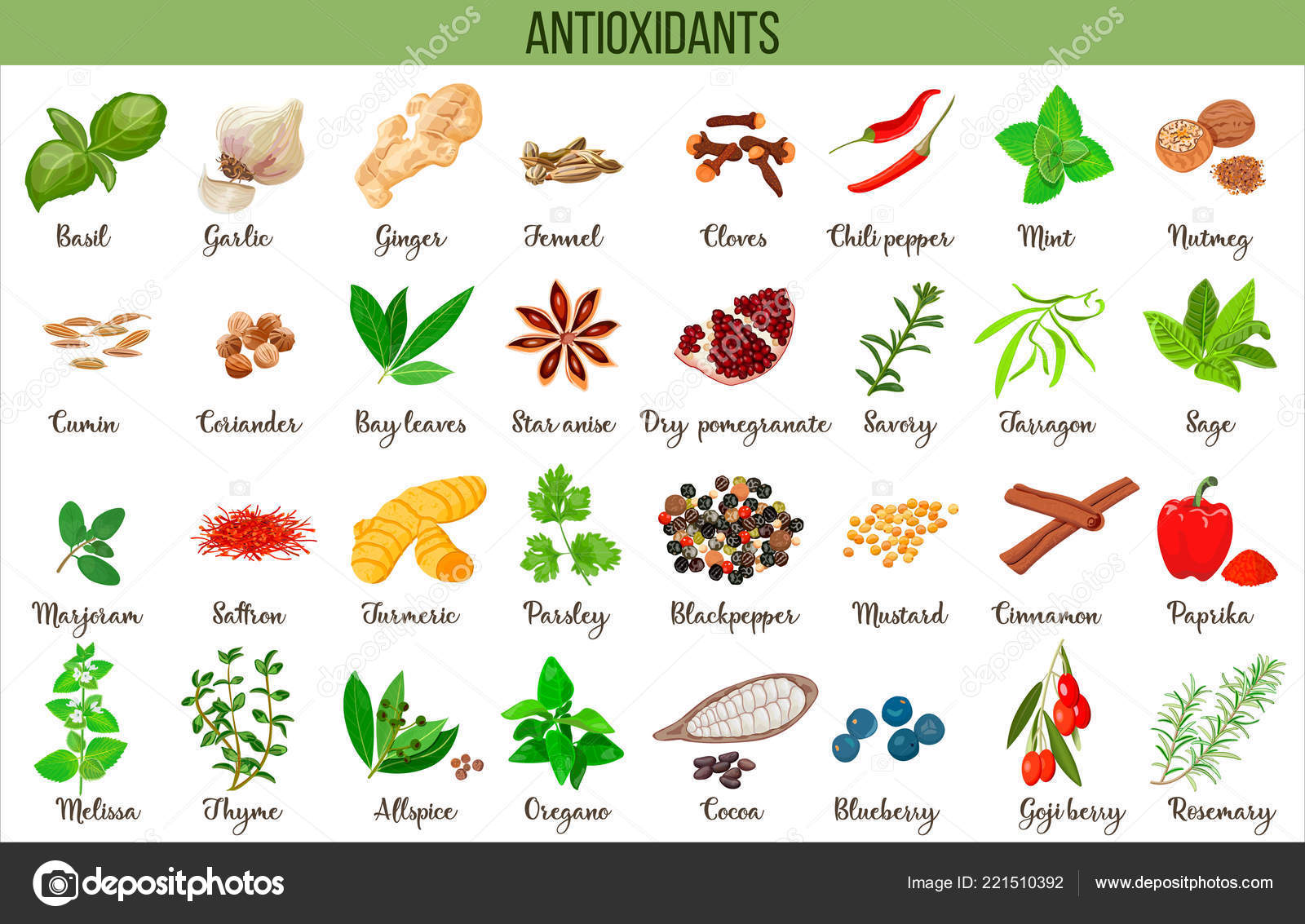 Set Food Sources Natural Antioxidants Neutralize Free Radicals Herbs