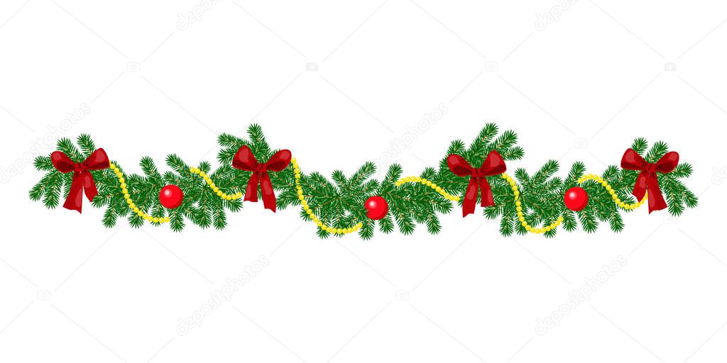 Christmas border with hanging garland of fir branches, red and silver baubles, pine cones and other ornaments, isolated on white Christmas-tree decoration Christmas ball
