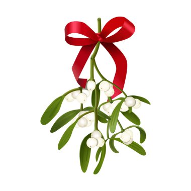 Ökse otu. Ökse otu dal çilek ve beyaz arka plan üzerinde Noel kartları ve dekoratif tasarım için izole kırmızı yay ile asılı vektör çizim.