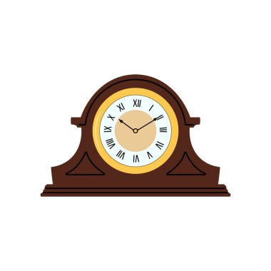 Beyaz arka plan üzerinde izole ahşap şömine rafı saat düz masa saati. Vektör çizim