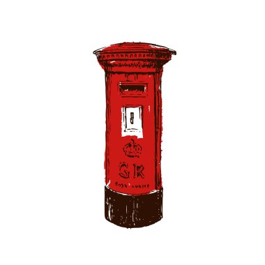 geleneksel, İngiliz, kırmızı, Royal Mail ayağı kutu. Kroki tarzı mürekkep kalem. Logo, etiket, banner, reklam, baskı, ambalaj, dekorasyon, paket için kavram fikir