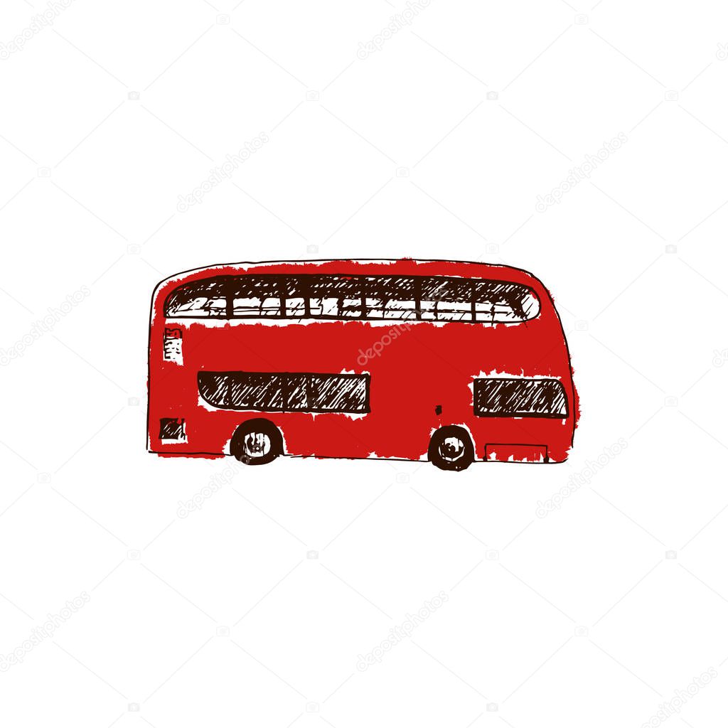 A bright red traditional London bus isolated. Sketch style ink pen. Concept idea for logo, tag, banner, advertising, prints, wrapping, decoration, package