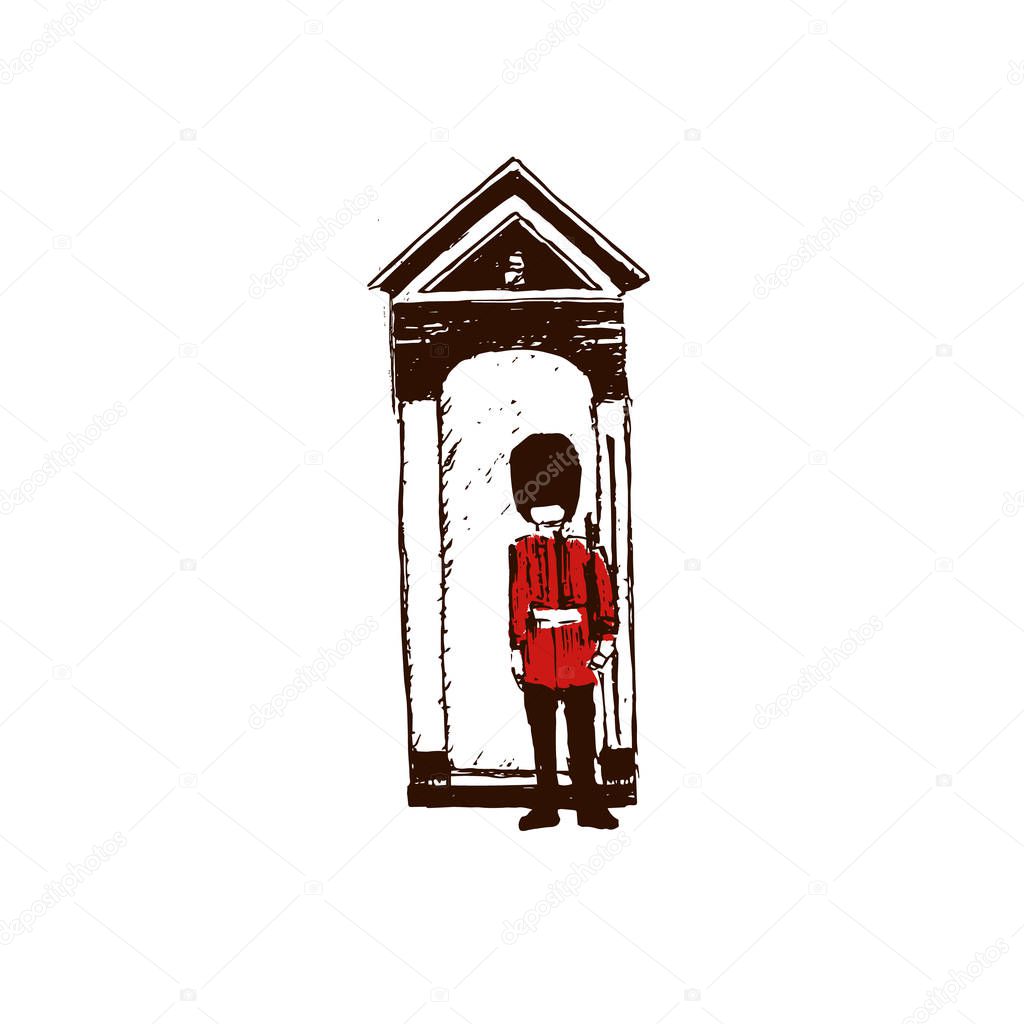 British guardsman with bearskin hat. Sketch style ink pen. Concept idea for logo, tag, banner, advertising, prints, wrapping, decoration, package