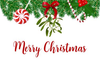 Holly, winterberry, ökse otu, kırmızı yay Noel asılı üst dekorasyon, taze çam dalları. Metnin üstüne yerleştirin, vektör. Şeker kamışı, dekorasyon topları, lolipop. Kartları için web tasarım. vektör