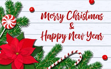 Köknar ağacı, Poincettia, şeker kamışı, Beyaz ahşap plakalar üzerinde yakın Noel ve yılbaşı dekorasyon şablonuyla.