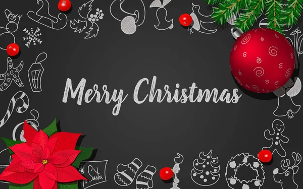 Decoración de Navidad con abeto, baya de acebo, Poincettia, bola roja de Navidad en pizarra negra — Vector de stock