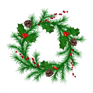 koniler, holly berry veya winterberry kırmızı meyveler ile geleneksel yeşil Noel köknar çelenk. beyaz izole. festival dekorasyon kartpostal şablon, tebrik kartı, yazdırma. vektör çizim