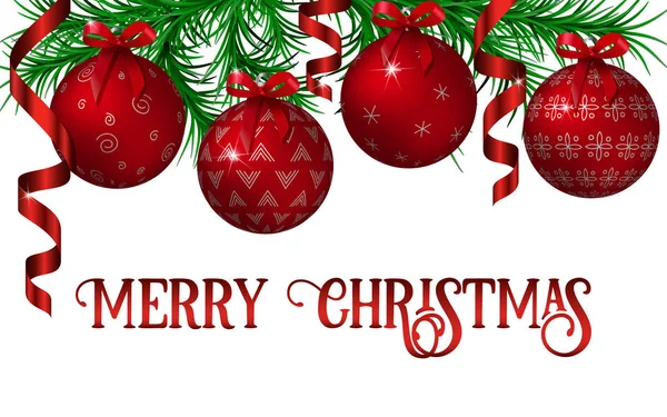 圣诞节和新年装饰模板与冷杉树花环 红色或金属闪亮的圣诞球 卷曲的丝带和弓在白色 地方为文本向量例证 — 图库矢量图片