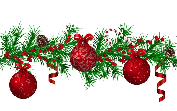 Kerst Fir Garland Naadloze Patroon Rood Metallic Glanzende Kerstballen Linten — Stockvector