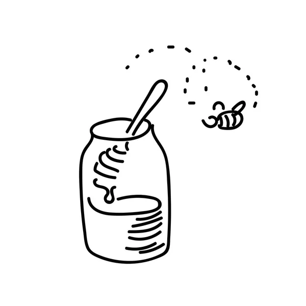 Honig Mit Hölzernen Honiglöffel Einfache Skizze Stift Stil Symbolbild Flach — Stockvektor