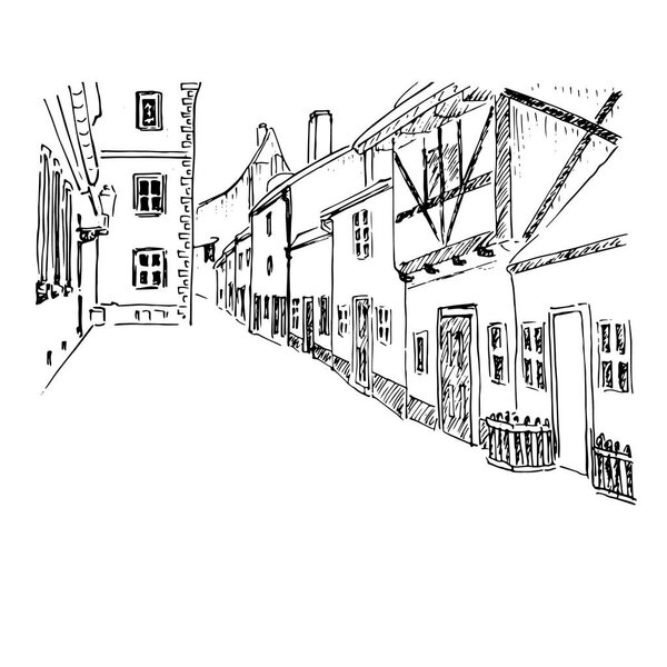 Старая европейская улица. Прага. Векторный эскиз. Злата улица - Золотая улица. Векторная иллюстрация
