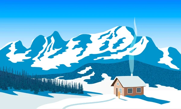 Montañas Invierno Paisaje Con Casa Cielos Nieve Luz Del Sol — Vector de stock