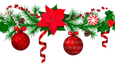 Noel ve yılbaşı dekorasyon garland şablonuyla köknar ağacı, kırmızı ornated metalik parlak Noel topları, kıvrılmış şeritler, yay, holly berry, koni, şeker kamışı. Metin vektör çizim için yer