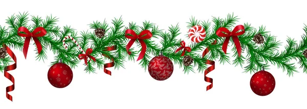 Bordure de sapin de Noël avec guirlande suspendue, branches de sapin, boules rouges et argentées, cônes de pin et autres ornements — Image vectorielle