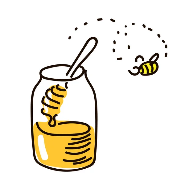 Med s dřevěné honey naběračka jednoduchý náčrt styl pera. ploché ikony — Stockový vektor