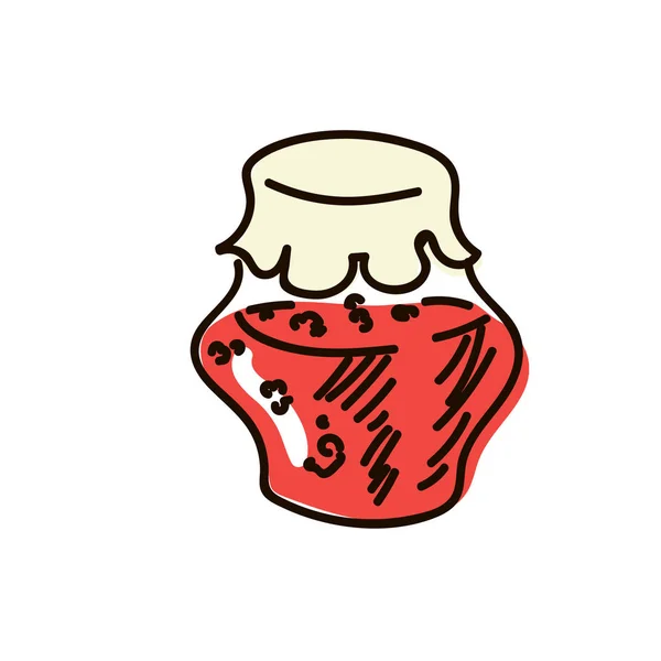 Γυάλινο βάζο μαρμελάδα φράουλα και φρέσκα μούρα κοντά σε απομονωμένα σε λευκό φόντο. Διατηρημένα φρούτα στυλ στυλό απλό σκίτσο — Διανυσματικό Αρχείο