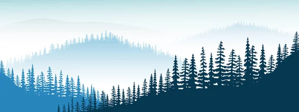 Mountain landscape. twilight, distant mountains, valley, hills, forest, mist, fog, fir trees — Stock Vector