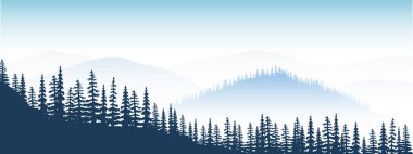 Uzak dağlar manzara. alacakaranlık, Vadisi, hills, orman, sis, sis, çam ağaçları