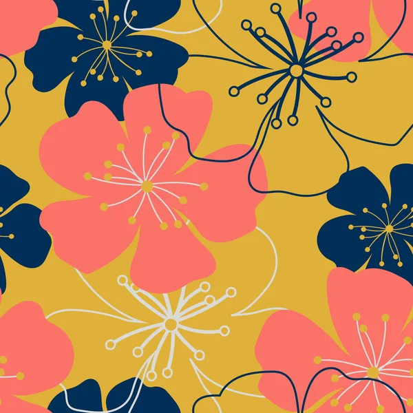 Vintage Coral, azul oscuro, flores doradas. Millefleurs púrpura Shabby chic. Fondos de pantalla patrón simple lindo sin costuras — Vector de stock