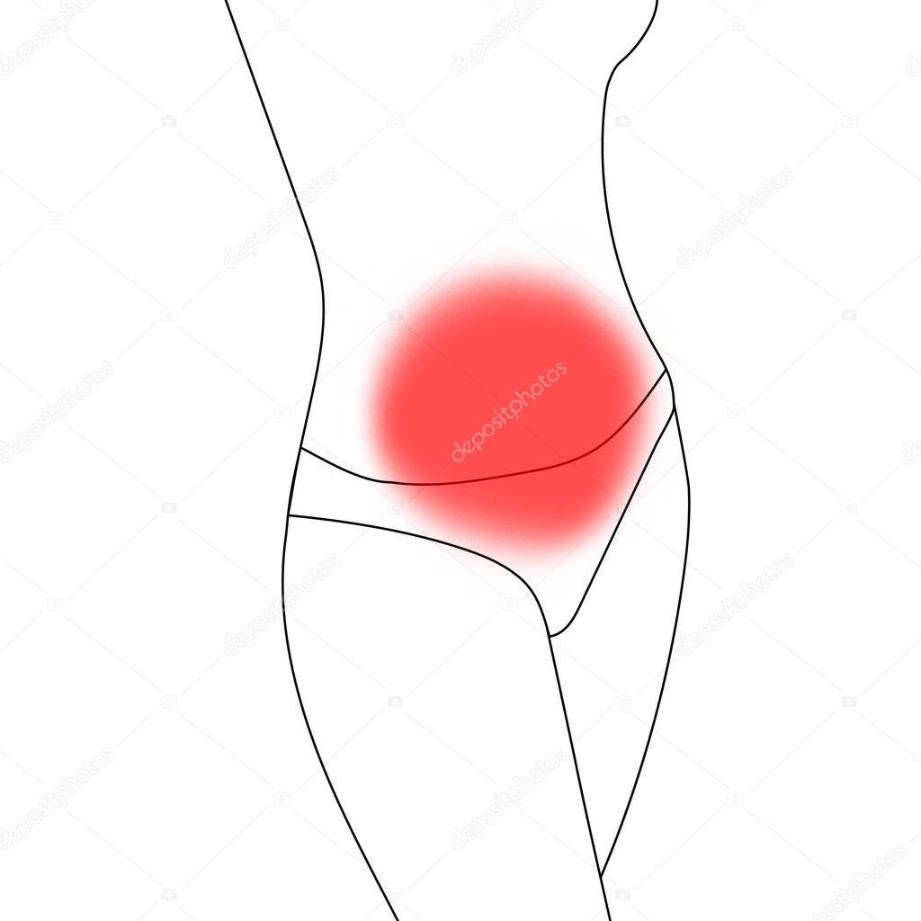 Slim woman body silhouette in panties. Gynecology, menstruation, digestion problem. Woman belly with red circle.