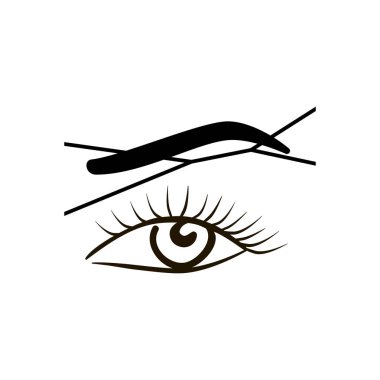 Close-up of female eye with a thread. Eyebrow threading - epilation procedure for brow shape correction clipart