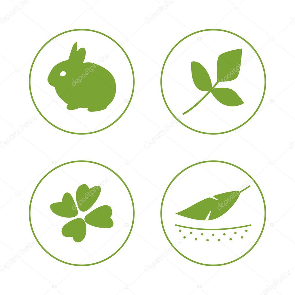 Vector set of logo design template, icons and badges for natural and organic cosmetics - cruelty free, not tested on animals. Rabbit, flower, feather, eco, bio, non GMO, organic, non toxic, vegan