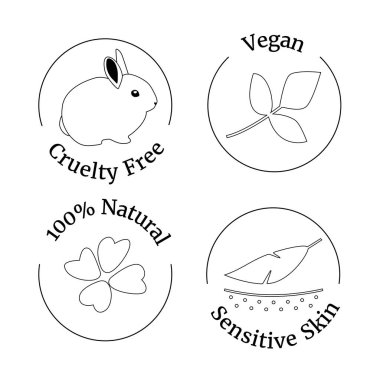Logo tasarım şablonu, simgeler ve rozetleri için doğal ve organik kozmetik - zulüm ücretsiz, vektör kümesi kroki tarzı