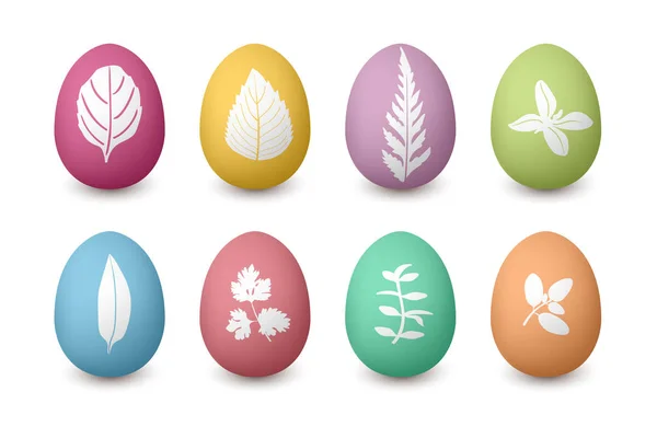 Feliz Pascua huevos de colores con siluetas de hierbas. Shabby structure Conjunto de rojo, verde, azul, rosa, púrpura, amarillo, marrón . — Vector de stock