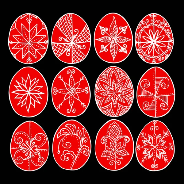 Easter eggs, red Paschal eggs, decorated with beeswax - to celebrate Easter. old tradition. — Stock Vector