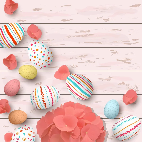 Uova di Pasqua congratulatorie su sfondo bianco squallido in legno bianco. Uova colorate di Pasqua con diversi semplici ornamenti scarabocchi e ortensie — Vettoriale Stock