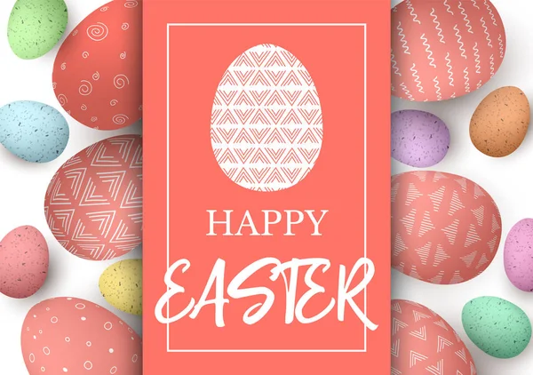 Feliz tarjeta de felicitación de Pascua. plantilla de huevos con texto. Huevos coloridos de Pascua con espacio para copias de coral. Adornos simples abstractos . — Vector de stock