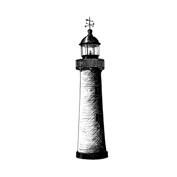 Világítótorony logó sablon design. illusztráció. jeladó, sea-light, csuka, könnyű torony, irányadó fény, seamark. Szabadkézi toll vázlat — Stock Fotó