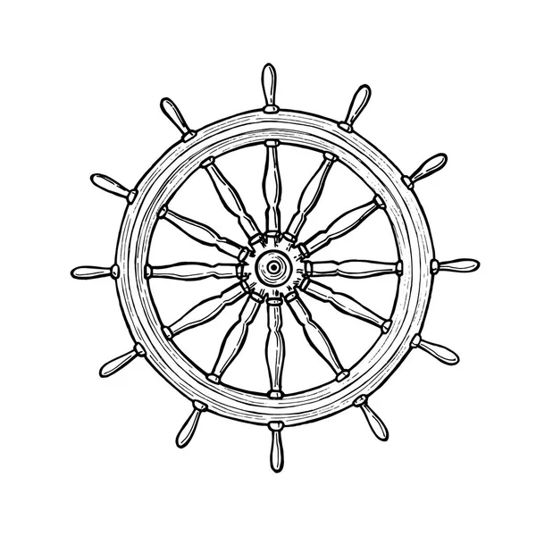 Nautische schwarze Steuerruder. Schiffslenkrad-Federzeichnung auf isoliertem Hintergrund mit gravierten Elementen. Handgezeichnete Illustration. — Stockvektor