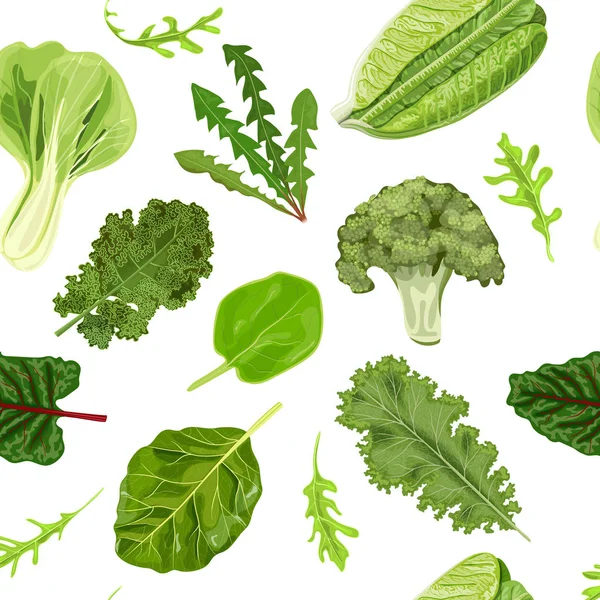 深绿色叶类蔬菜无缝矢量模式隔离。新鲜多汁的生叶。菠菜， 蒲公英， 花椰菜， 罗曼·莱图斯 — 图库矢量图片