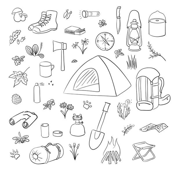 Camping Hiking icons set. Camping equipment vector collection. Binoculars, bowl, barbecue, lantern, shoes, Backpack, tent, campfire.