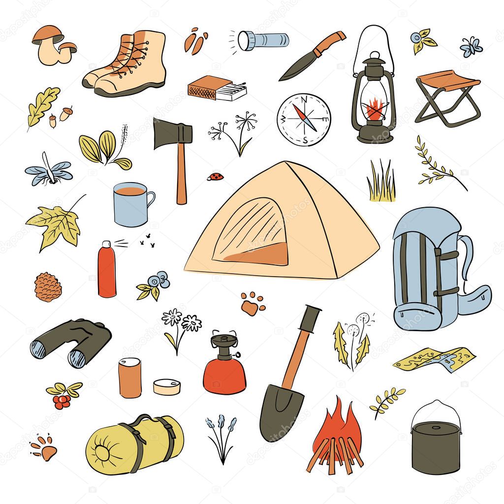 Camping Hiking icons colored sketch seamless vector pattern. Camping equipment collection. Binoculars, bowl, barbecue,
