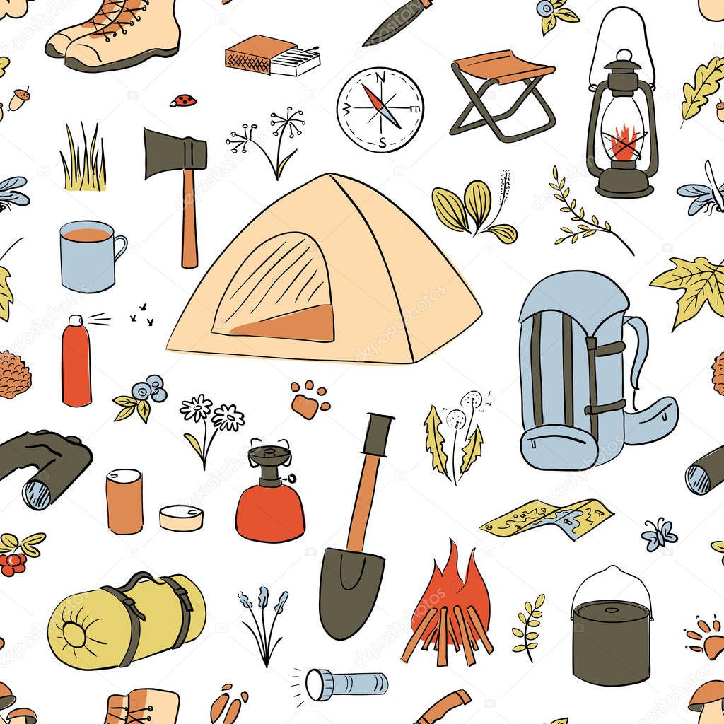 Camping Hiking icons colored sketch seamless vector pattern. Camping equipment collection. Binoculars, bowl, barbecue,