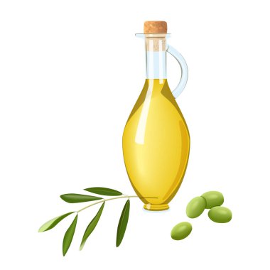 Zeytinyağı ile cam şişe, olgunlaşmamış yeşil zeytin dalı ve yaprak. Kart şablonu metni. Yağlı bitki taşıyan ürün