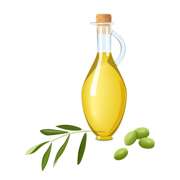 Botella de vidrio con aceite de oliva, rama de aceitunas verdes inmaduras y hoja. Texto de plantilla de tarjeta. Cultivo oleaginoso — Vector de stock