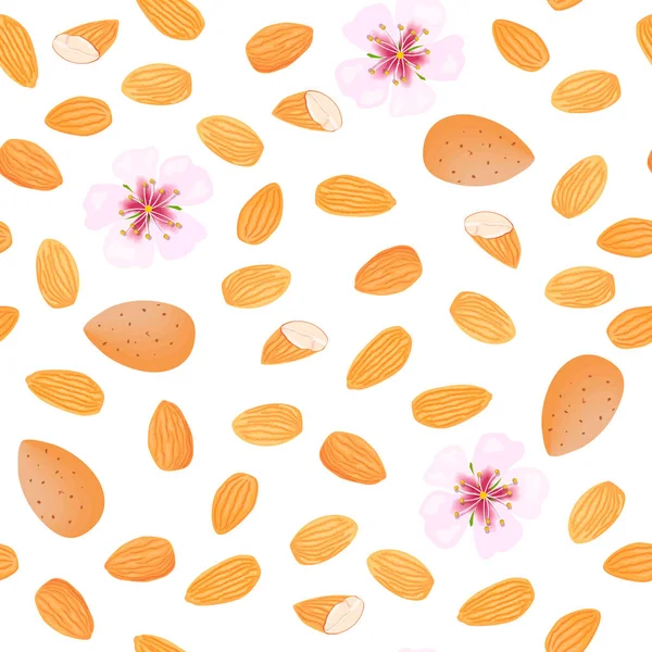 Mandeln und rosa Blumen auf weißem Hintergrund. Nüsse und Blütenblätter. nahtloses Vektormuster — Stockvektor