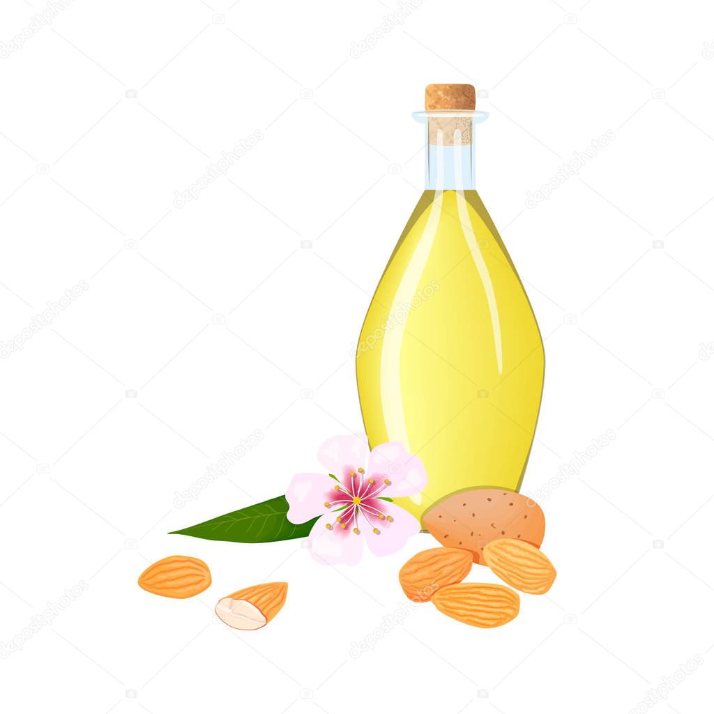Glass bottle with almond oil, nuts, leaves and pink flowers, petals. Card template copy space. Oilplant for cooking, cosmetics,