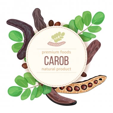 Yuvarlak daire rozeti. Tatlı kapsüller ile olgun Carob şube, yaprakları. vektör Illustration. Kart şablonu metni