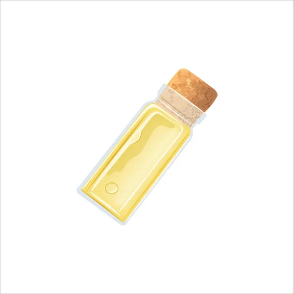 Flaconcino vuoto di olio giallo con tappo di sughero, flacone trasparente bianco-ghiacciato, flacone di profumo, flacone di medicina, vaso . — Vettoriale Stock